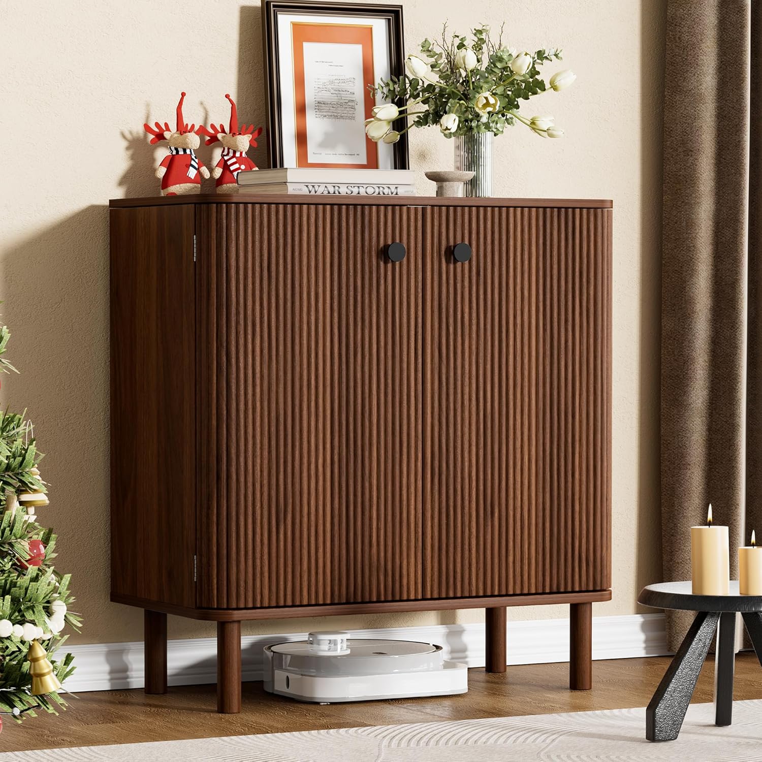 Fluted Sideboard Cabinet, Modern Buffet Cabinet, Small Storage Cabinet with Adjustable Shelves & Wood Legs, Accent Credenza Sideboard for Kitchen, Coffee Bar, Living Room, Entryway, Hallway