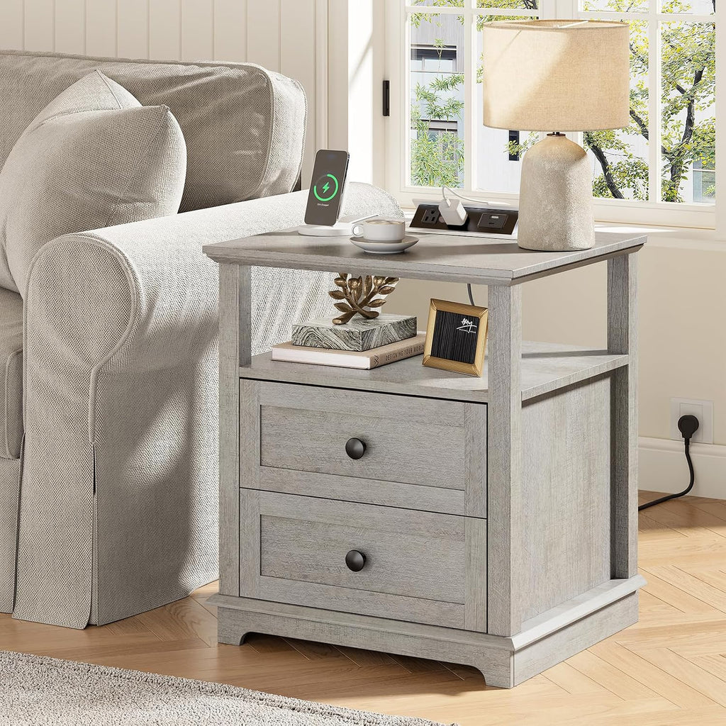 HIFYOBRO End Table with 2 Drawers and Charging Station, Type-C & USB Port & Power outlets, Wooden Storage Cabinet, Large Side Table with Storage for Living Room and Bedroom