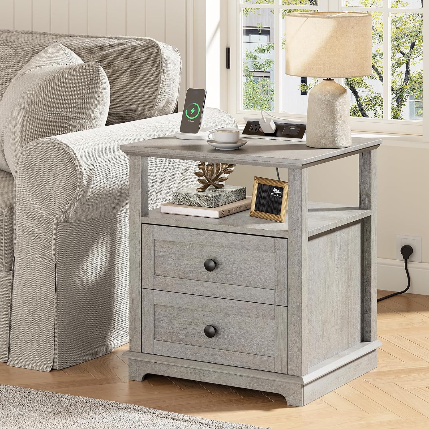 HIFYOBRO End Table with 2 Drawers and Charging Station, Type-C & USB Port & Power outlets, Wooden Storage Cabinet, Large Side Table with Storage for Living Room and Bedroom