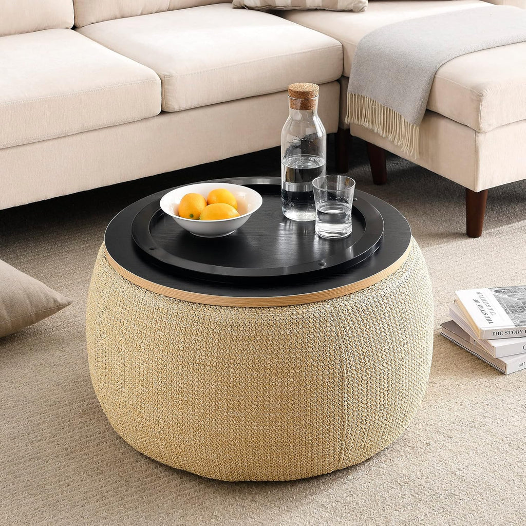 Modern Round Storage Ottoman with Wooden Top,Handmade Luxury Pleated Circle Fabric Storage Ottoman Coffee Table,End Table & Footstool for Living Room（Natural）
