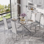 Modern Glass Dining Table Set for 4, 5-Piece Rectangular Kitchen Table Set with Silver Sturdy Metal Legs&4 Grey Faux Leather Dining Chairs for Home Dining Room Kitchen