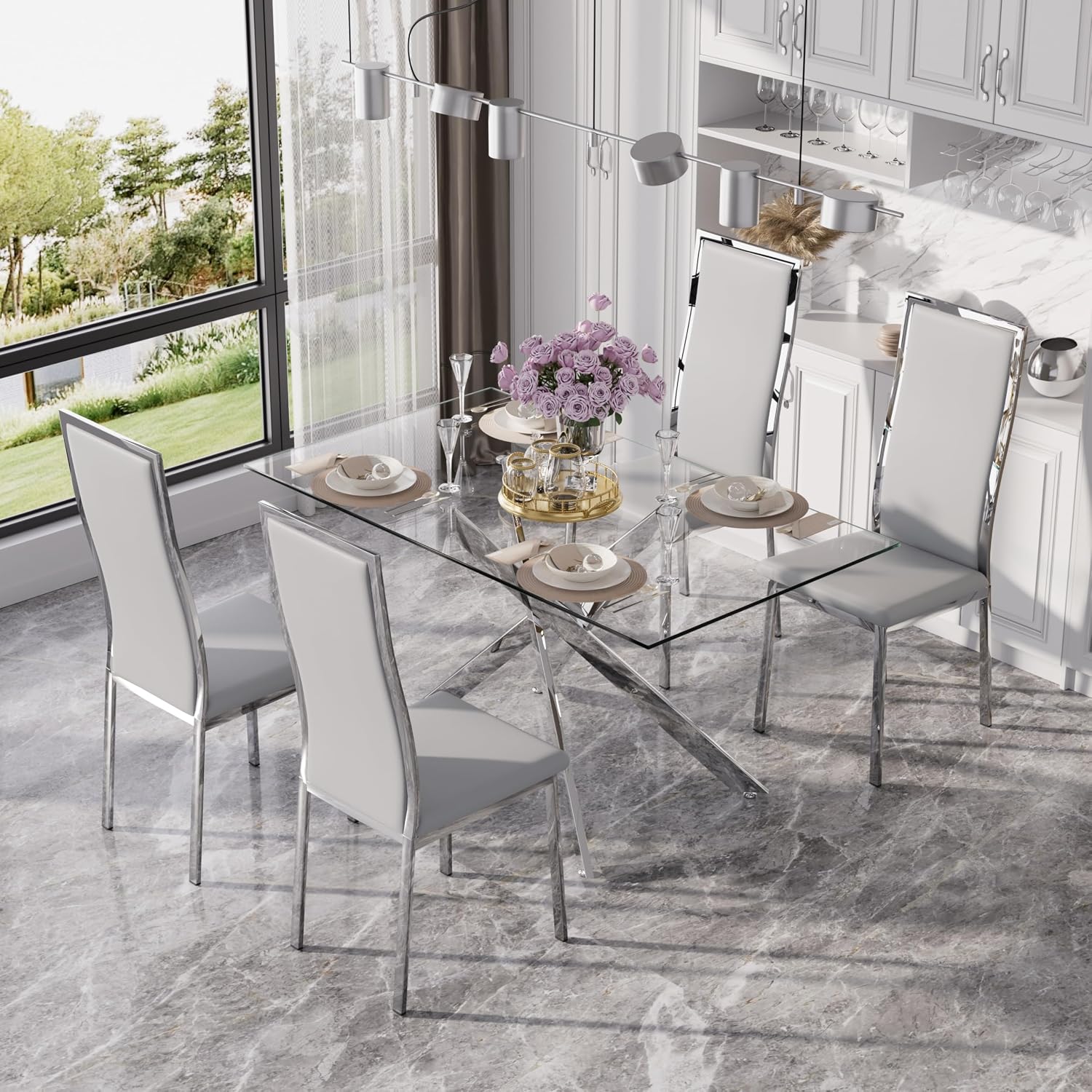 Modern Glass Dining Table Set for 4, 5-Piece Rectangular Kitchen Table Set with Silver Sturdy Metal Legs&4 Grey Faux Leather Dining Chairs for Home Dining Room Kitchen