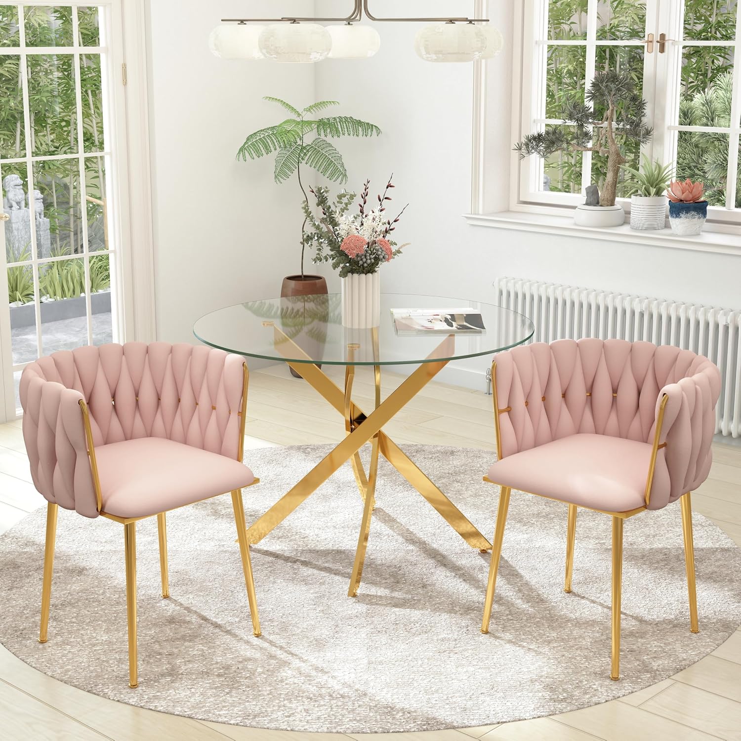 Gold Luxury Round Glass Dining Table Set for 2, 3 Pcs Clear Circle Glass Top Dinner Room Set, 36'' Modern Minimalist Circular Kitchen Table Set, Pink Woven Chair, for Small Place Apartment