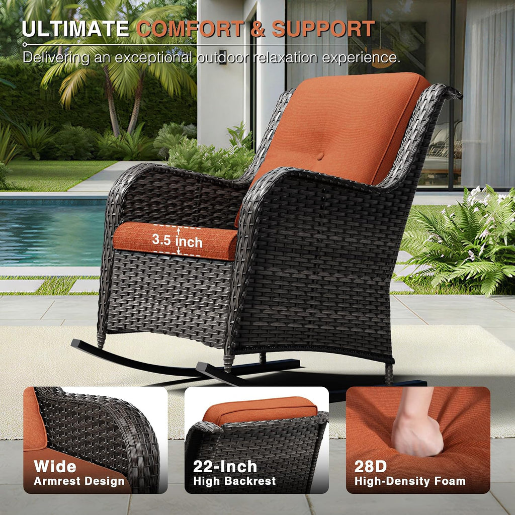 Joyside Outdoor Rocking Chair, Wicker Patio Furniture with High Back, Deep Seating, Wide Armrest, Thickened Cushions, Outdoor Rattan Furniture for Deck, Porch Use