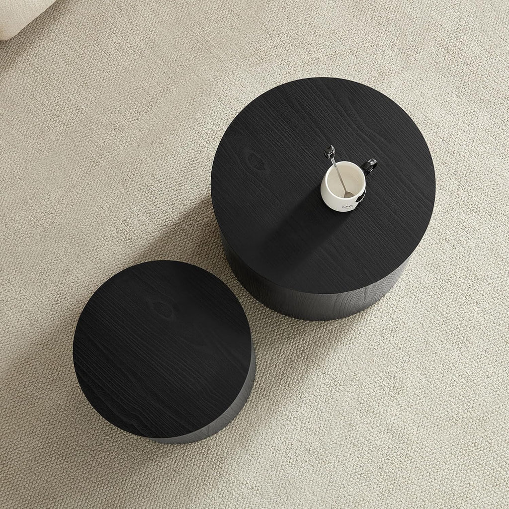 Nesting Coffee Table Set of 2, Modern Round Small Side Table Circle Accent End Table Drum Wood Center Table for Living Room Apartment Bedroom Office, No Assembly, Black