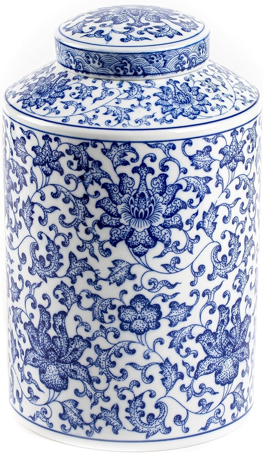Blue and White Ginger Jar, Ceramic Chinoiserie Decorative Jars for Home, Office, Flower Vase Pocelain, Glossy Vase for Table, Living Room, Bookshelf, Mantle Fireplace, Centerpieces 11"