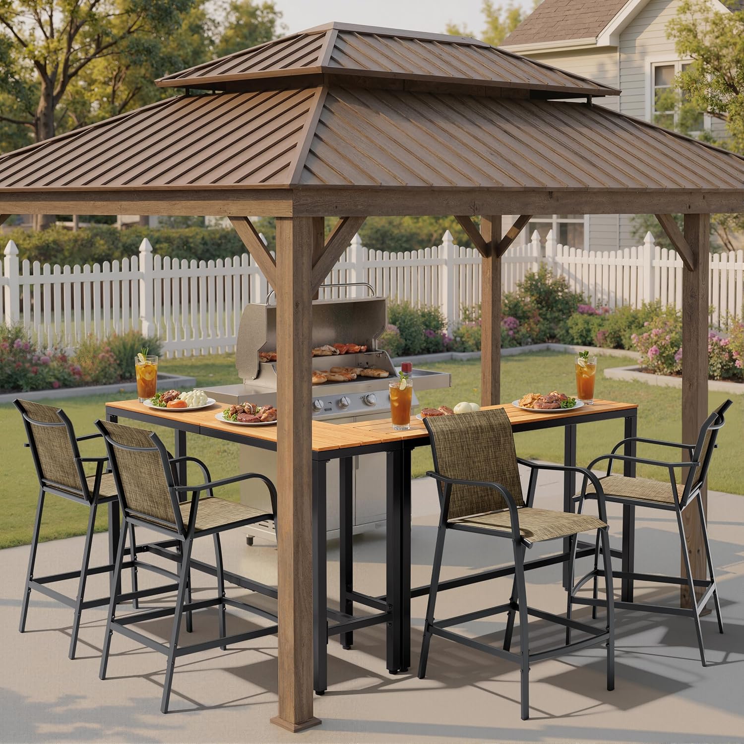 Pellebant 28.7" Outdoor Bar Stools Set of 2, Metal Patio Barstools with Back & Armrest, All-Weather Textilene Bar Height Chairs for Patio, Garden, Balcony, Brown