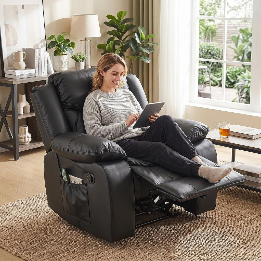 AILEEKISS Oversized Nursery Glider Recliner Rocking Chair | 90°-160° Recline Faux Leather Nursing Chair for Breastfeeding Bedroom, Massage & Heating Support，Black