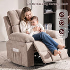 Recliner Chair for Adults, 360°Swivel Rocker Chair for Living Room, Upholstered Manual Recliner with Chenille Fabric, Nursery Rocking Chair for Bedroom, Apartment (Khaki)