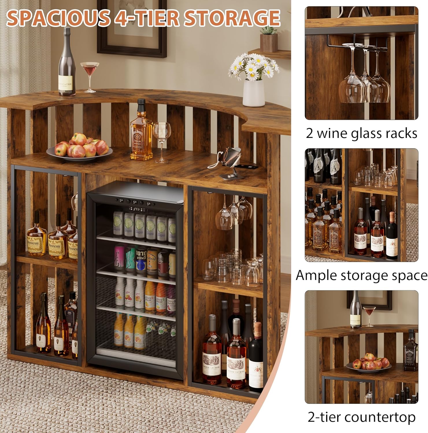 Drinks Bar Table with Fridge Space,4-Tier Home Bar Cabinet with Storage & Glass Holder,Power Outlet, Arc-Shaped Modern Liquor Cabinet for Home, Wooden Bar Station for Living Room, Kitchen, Basement