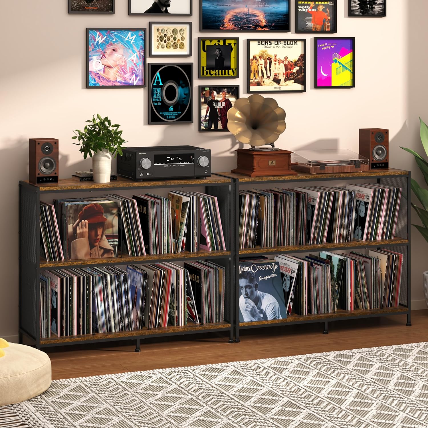 3-Tier Vinyl Record Storage: Vintage Player Table with Spacious Storage - Up to 450 Records, Turntable Stand with Adjustable Dividers, Extra Top Surface for Audio Equipment, Perfect for Living Room
