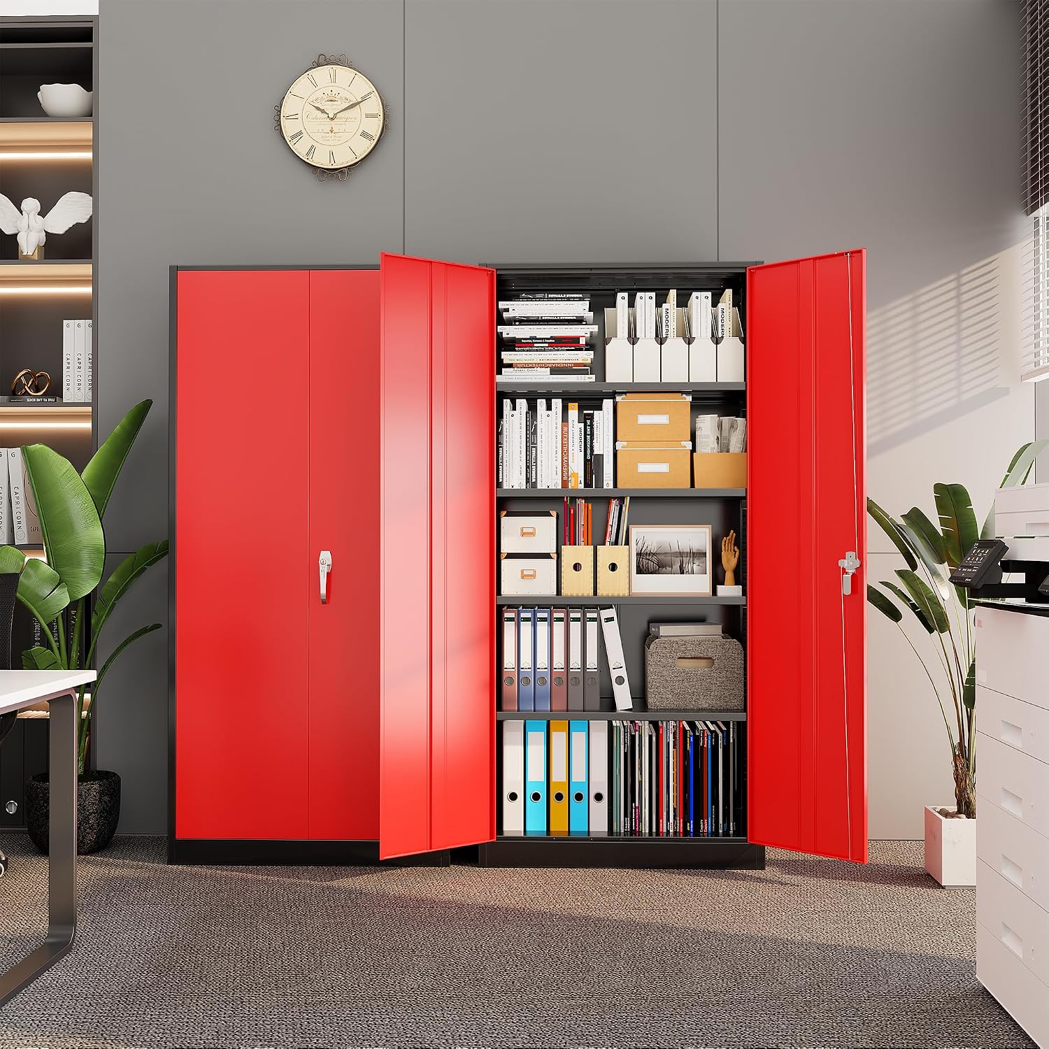 Bonusall 72" Metal Garage Storage Cabinet， Heavy-Duty Steel Cabinet with 2 Locking Doors & 5 Adjustable Shelves for Home