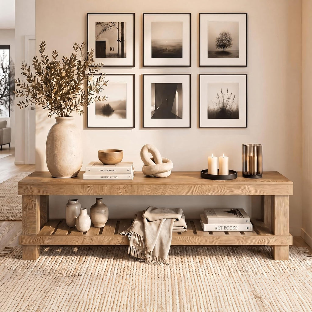 Tribesigns 63" Long Entryway Dining Bench with Slatted Shelf, Farmhouse Wooden Indoor Bench Seat with Storage for Dining Table, Hallway, Mudroom, Bedroom, Living Room