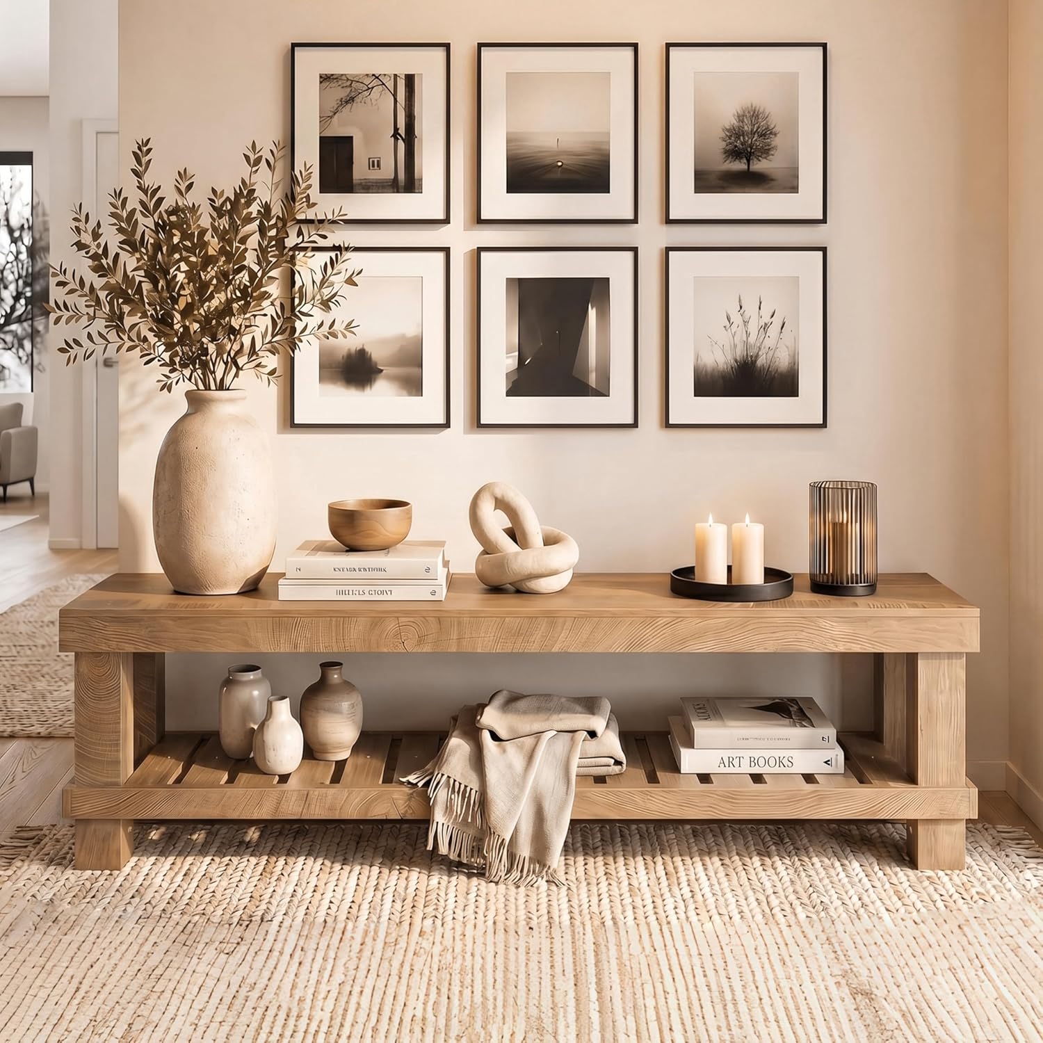 Tribesigns 63" Long Entryway Dining Bench with Slatted Shelf, Farmhouse Wooden Indoor Bench Seat with Storage for Dining Table, Hallway, Mudroom, Bedroom, Living Room