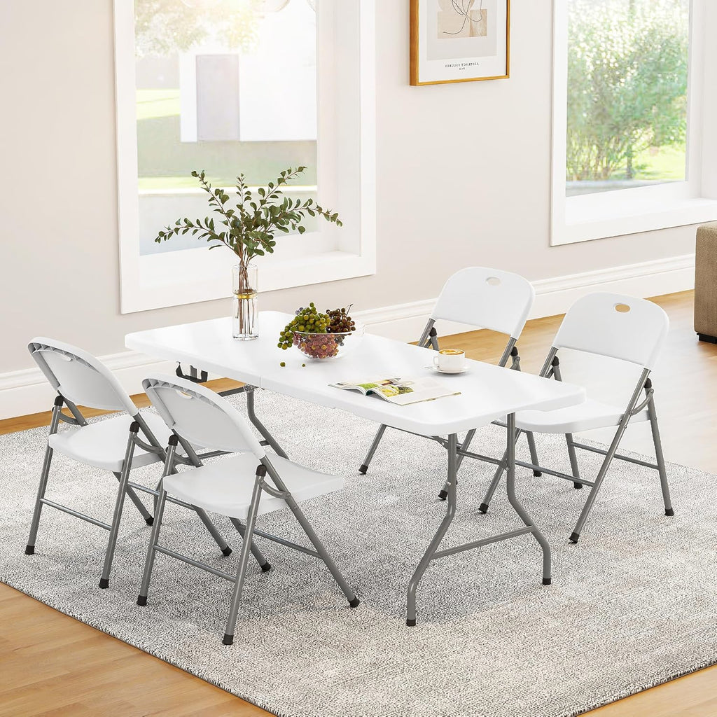 Folding Table 6FT 350 LBS Heavy Duty Foldable Table with 18% Thicker HDPE Waterproof Top, Portable Fold in Half with Handle, Reinforced Steel Frame for Indoor Outdoor Party Events
