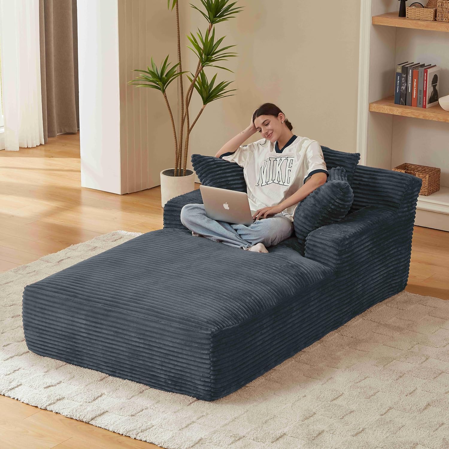 Tmsan Oversized Chaise Lounge Chair Indoor, 78.7" Extra Deep Boneless Corduroy Lounge Couch Bed with 2 Pillows, Single Seat Reading Chairs for Living Room,Bedroom,Apartment,No Assembly Required