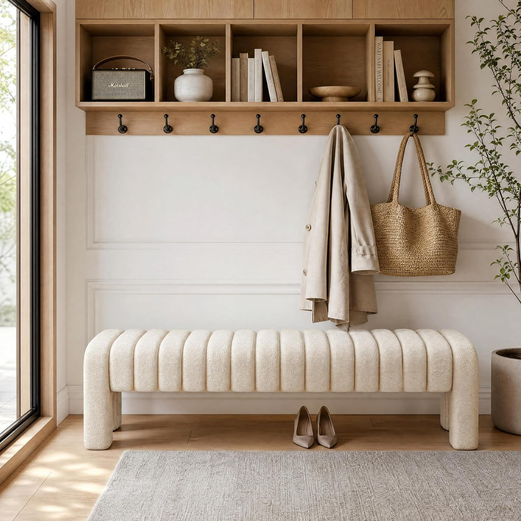 63’’ Bedroom Bench, Upholstered End of Bed Bench with Solid Wood Legs, Modern Cushioned Dining Bench with Full Covered Fabrics for Entryway, Bedroom, Living Room (Beige, Linen)