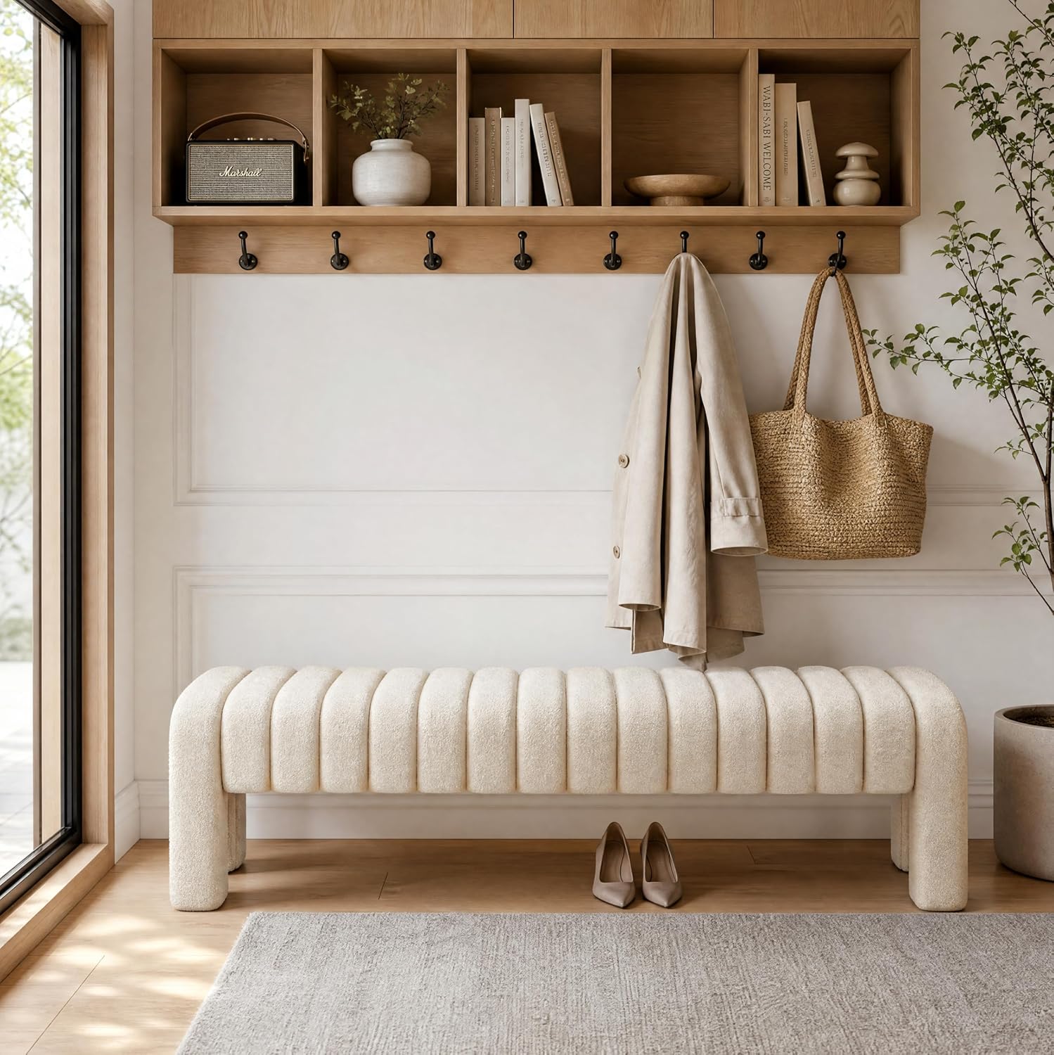 63’’ Bedroom Bench, Upholstered End of Bed Bench with Solid Wood Legs, Modern Cushioned Dining Bench with Full Covered Fabrics for Entryway, Bedroom, Living Room (Beige, Linen)