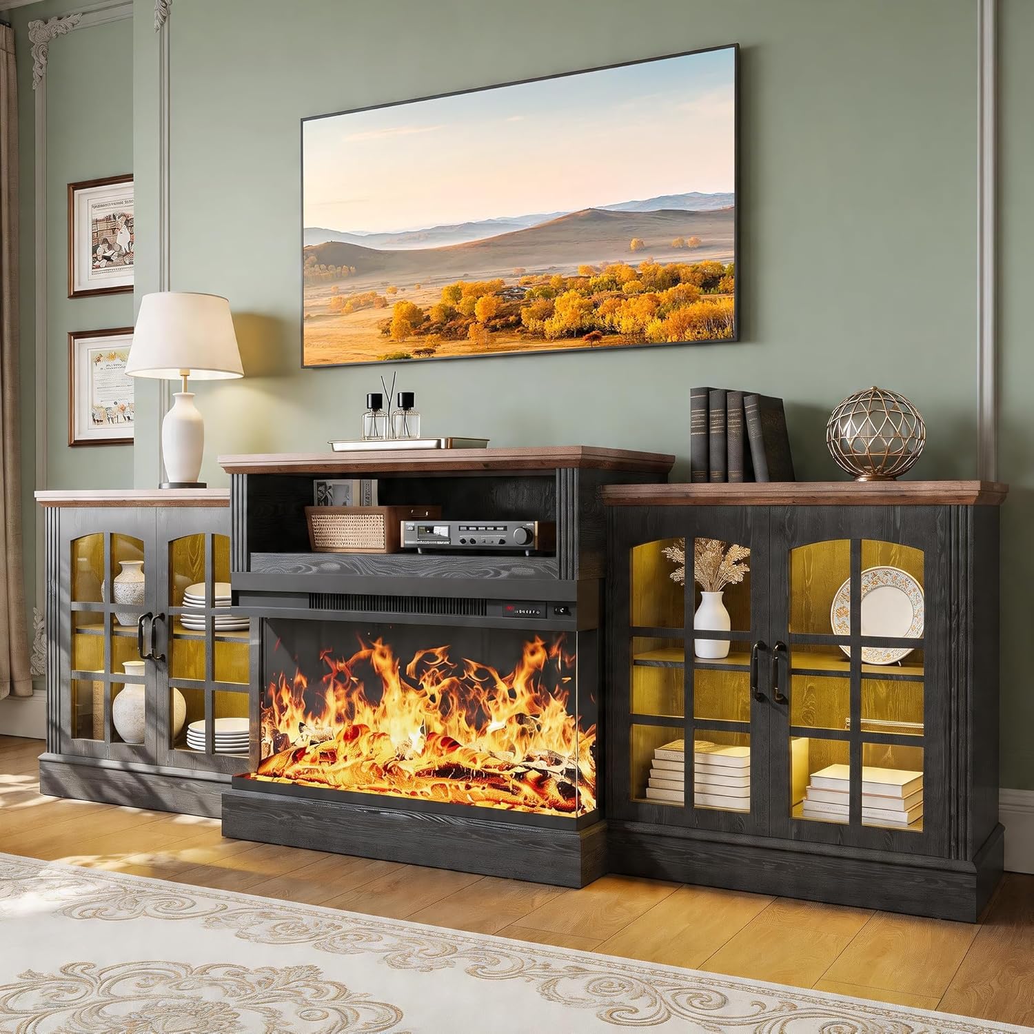oneinmil 97" Entertainment Center with 36" Electric Fireplace, Farmhouse Fireplace TV Stand for TVs up to 100", Large Media Console Table with LED Lighting & Storage Cabinets, for Living Room, Black