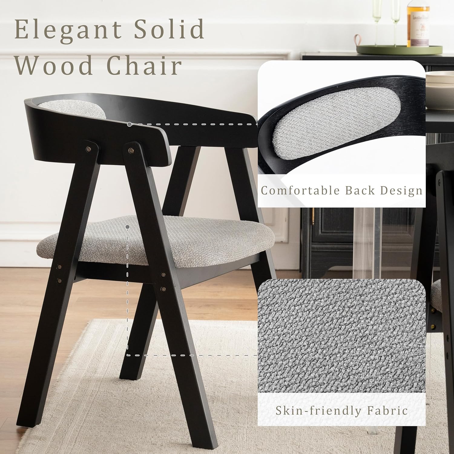 Chogori Wooden Dining Chairs, Modern Dining Room Chairs with Arms and Upholstered Seat, Farmhouse Style Chairs for Kitchen, Dining Room, Living Room (Black, Set of 4)