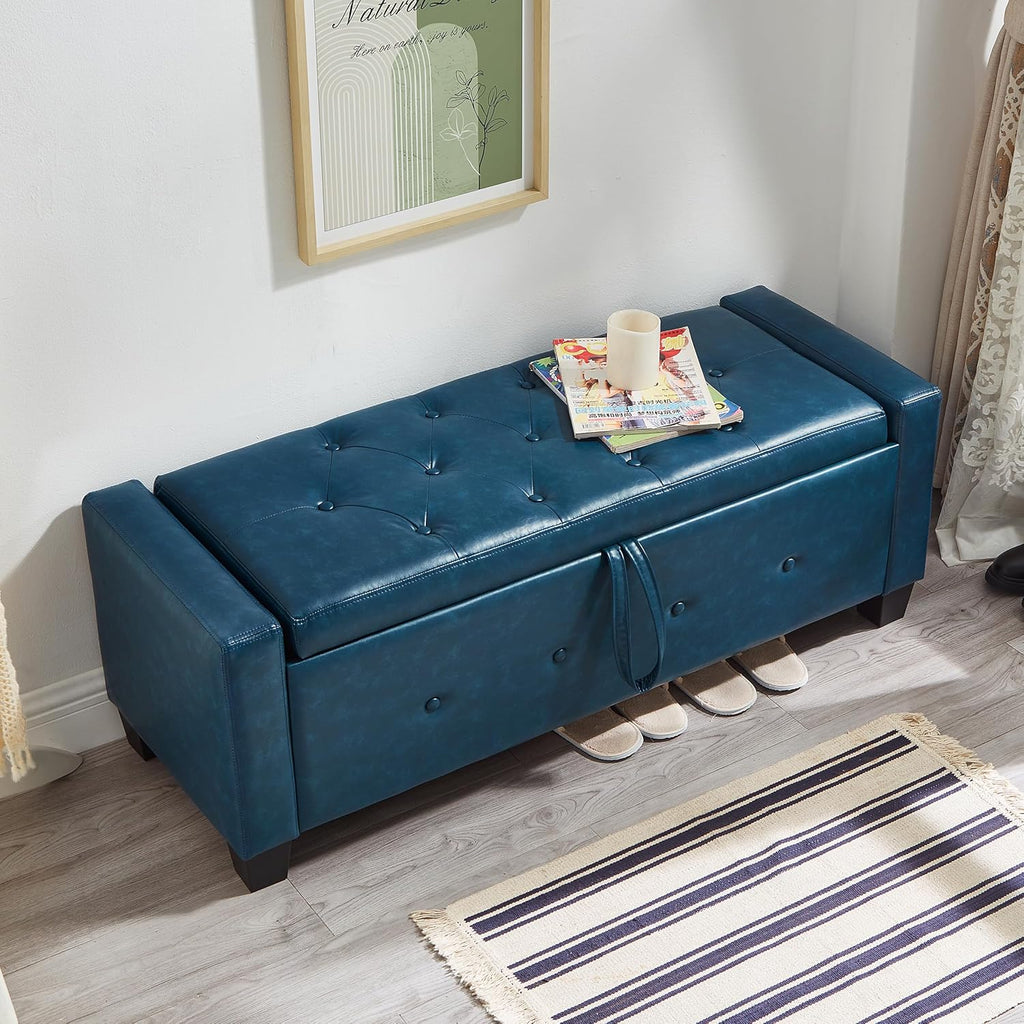 48" Storage Ottoman Bench, Upholstered Tufted Faux Leather End of Bed Bench with Flip Top Storage, Large Bedroom Bench for End of Bed, Entryway Shoe Bench, Living Room Ottoman, PU (Navy Blue)