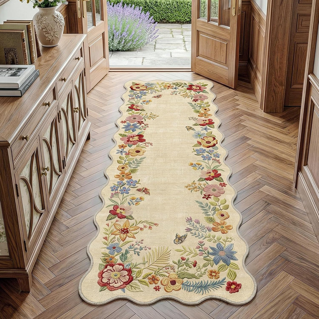 FMFUNCTEX 2x6 Runner Rug Floral Washable Beige Neutral Vintage Flower Botanical Cottage Boho Non Slip Low Pile Indoor Carpet Scalloped Hallway Entryway Rugs for Kitchen Bedroom Laundry Entry Bedside
