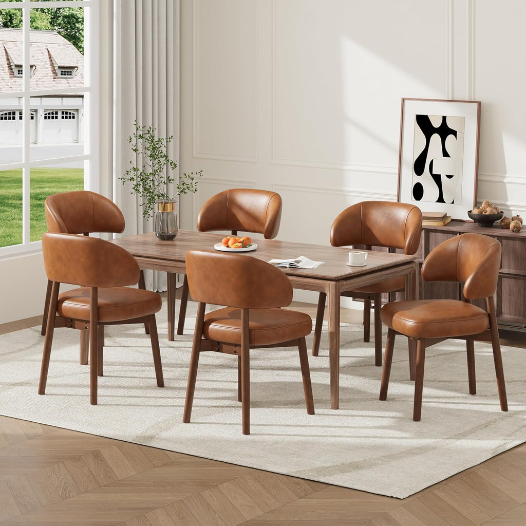 MALOL Wooden Dining Chairs Set of 2, Modern Upholstered Dining Room Chair, PU Leather Kitchen Side Chairs with Curved Open Back for Living Room/Restaurant/Cafe, Brown