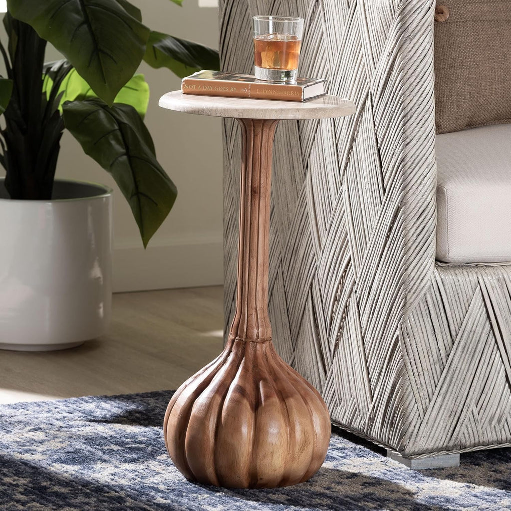 Bali & pari Usama End Table with Marble Stone Top - Sculpted Pedestal Accent Side Table for Living Room or Entryway