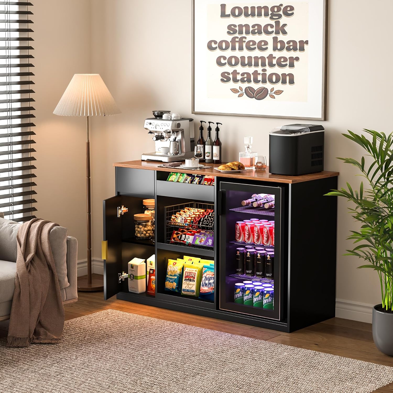 GDLF Snack Bar Cabinet with Fridge Space, Snack Organizer with Storage and Candy Display Shelf, Coffee Station for Home Theater or Game Room, 51.2" L，Black