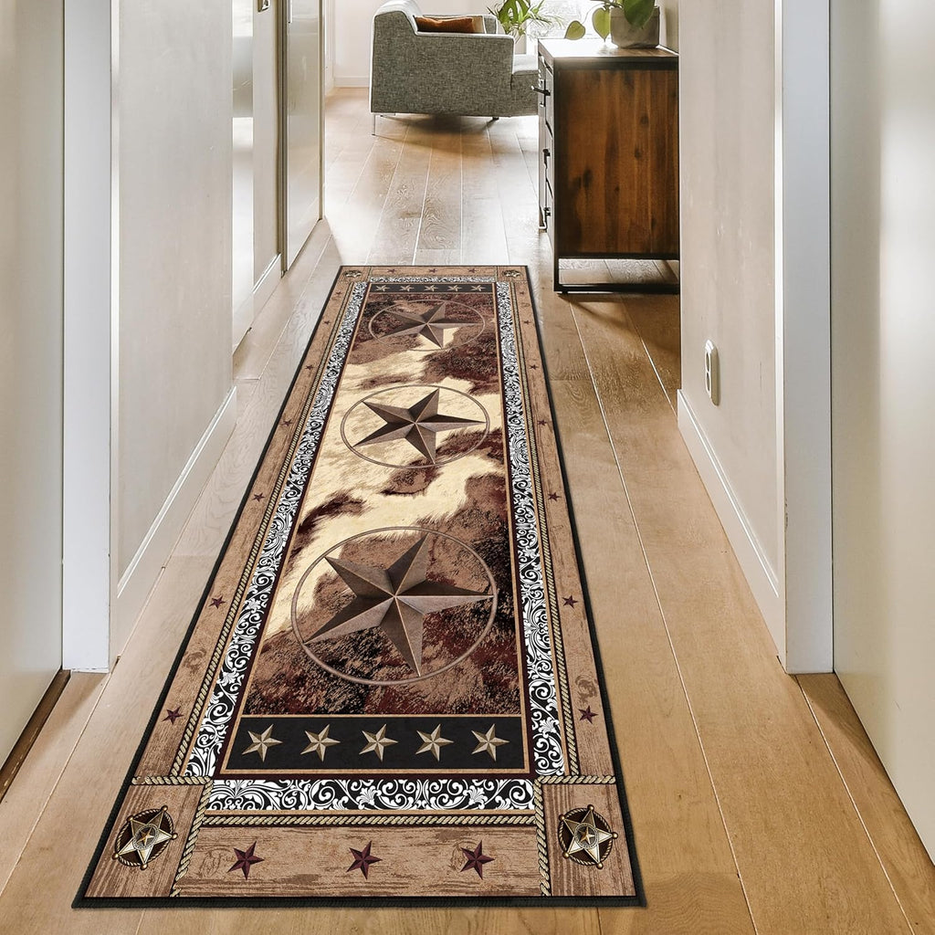 Western Runner Rug 2x6 for Hallway Brown Texas Star Rustic Home Decor Soft Throw Carpet Non Slip Entryway Mat Washable Area Rug for Laundry Bedroom Bathroom (Deep Brown, 2' x 6')
