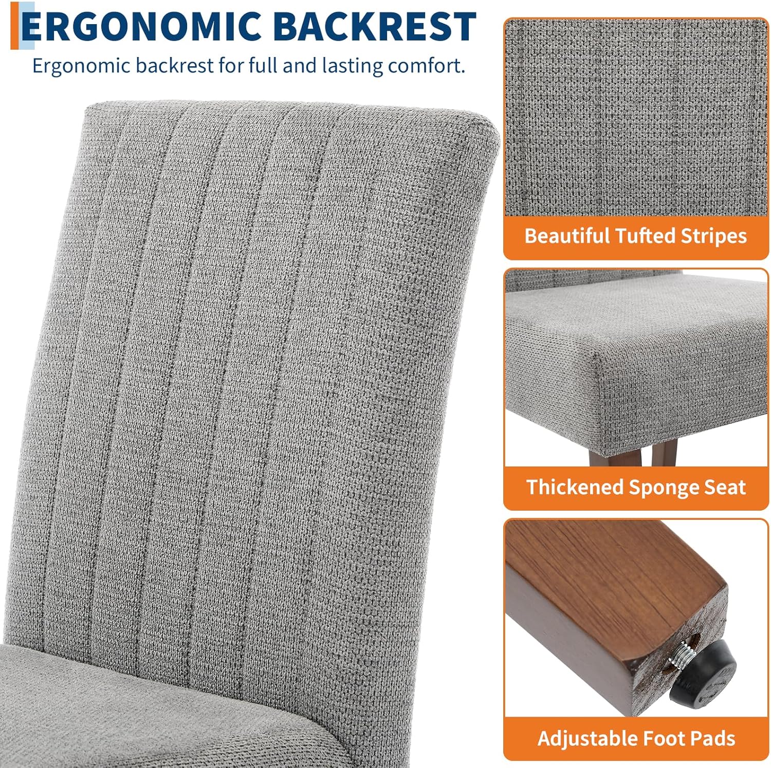 Dining Chairs Set of 4, Upholstered Modern Fabric Kitchen Side Chairs with Sturdy Wood Legs, Parsons Design, Comfortable Soft Linen for Dining Room, Restaurant, Cafe, Gray-Vertical Stripes