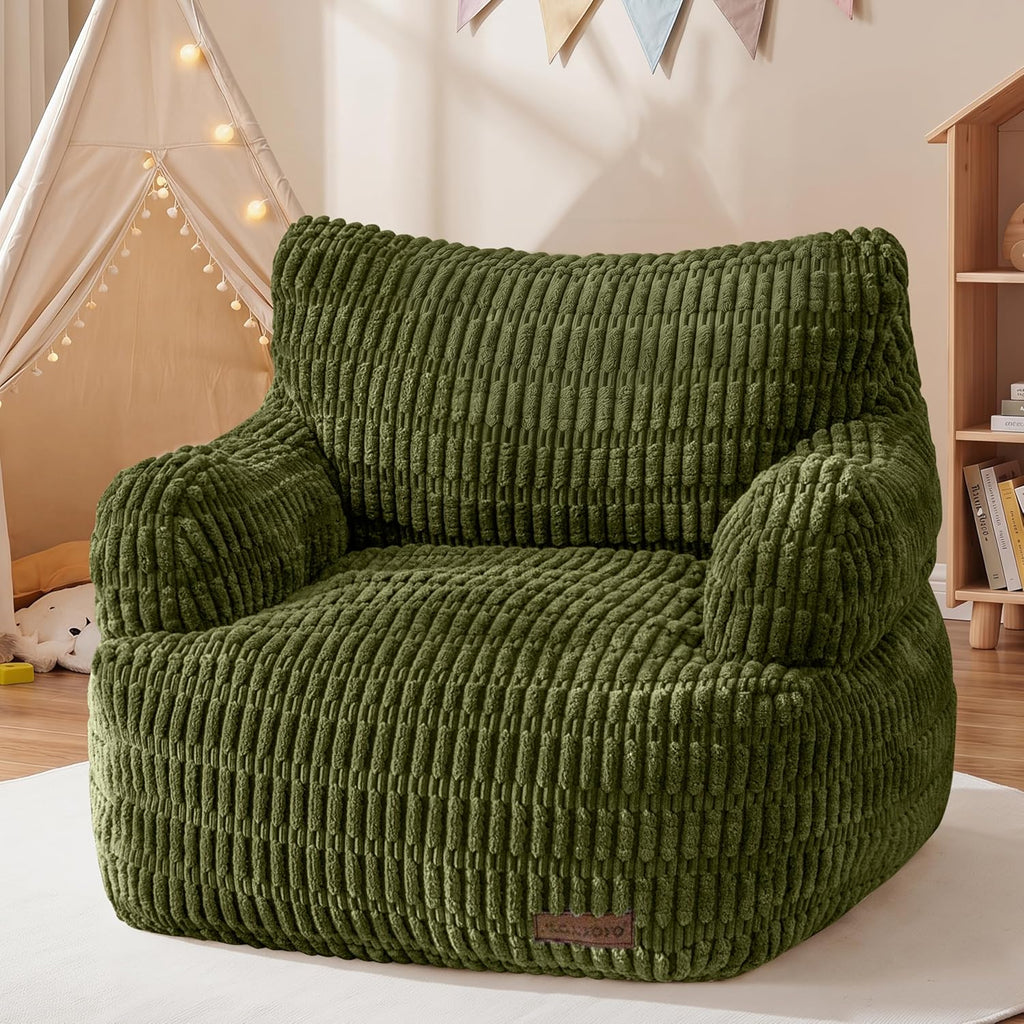 MAXYOYO Bean Bag Chair for Kids, Toddler Bean Bag Sofa with Armrest, Comfy Lazy Chair with Convenient Pockets, Floor Sofa with Filler for Gaming, Reading, Dark Green