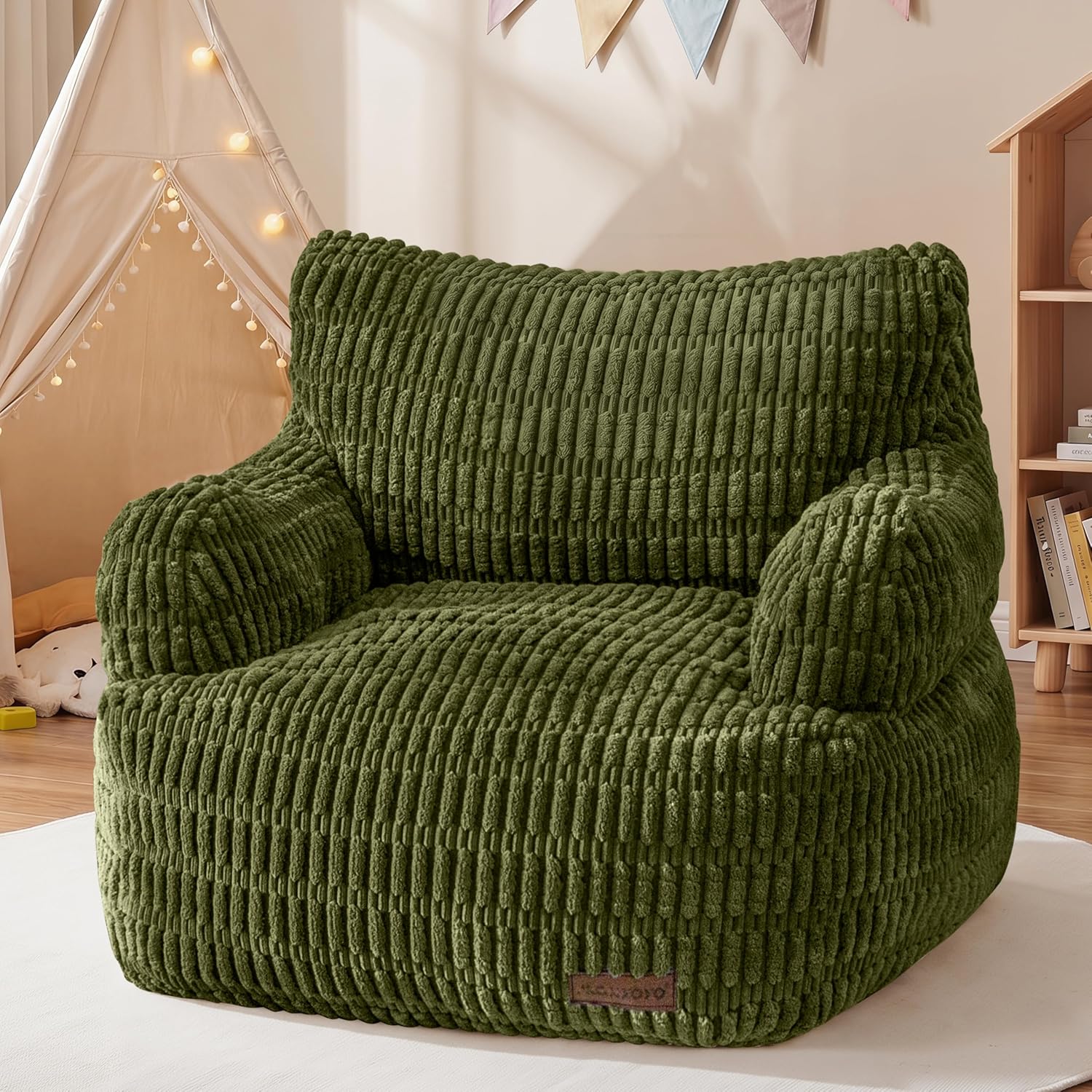 MAXYOYO Bean Bag Chair for Kids, Toddler Bean Bag Sofa with Armrest, Comfy Lazy Chair with Convenient Pockets, Floor Sofa with Filler for Gaming, Reading, Dark Green