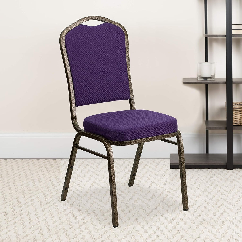 Flash Furniture 4 Pack HERCULES Series Crown Back Stacking Banquet Chair in Purple Fabric - Gold Vein Frame