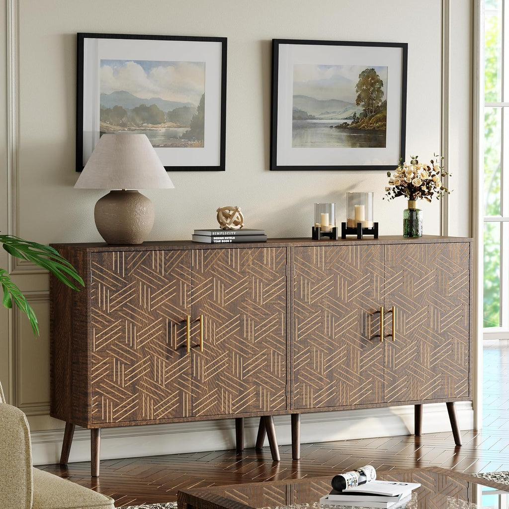 Sideboard Buffet Cabinet with Storage, Elegant Wood Accent Cabinet with Line Groove Design, Freestanding Storage Cabinet with Adjustable Shelves for Living Room, Kitchen, Entryway, Walnut