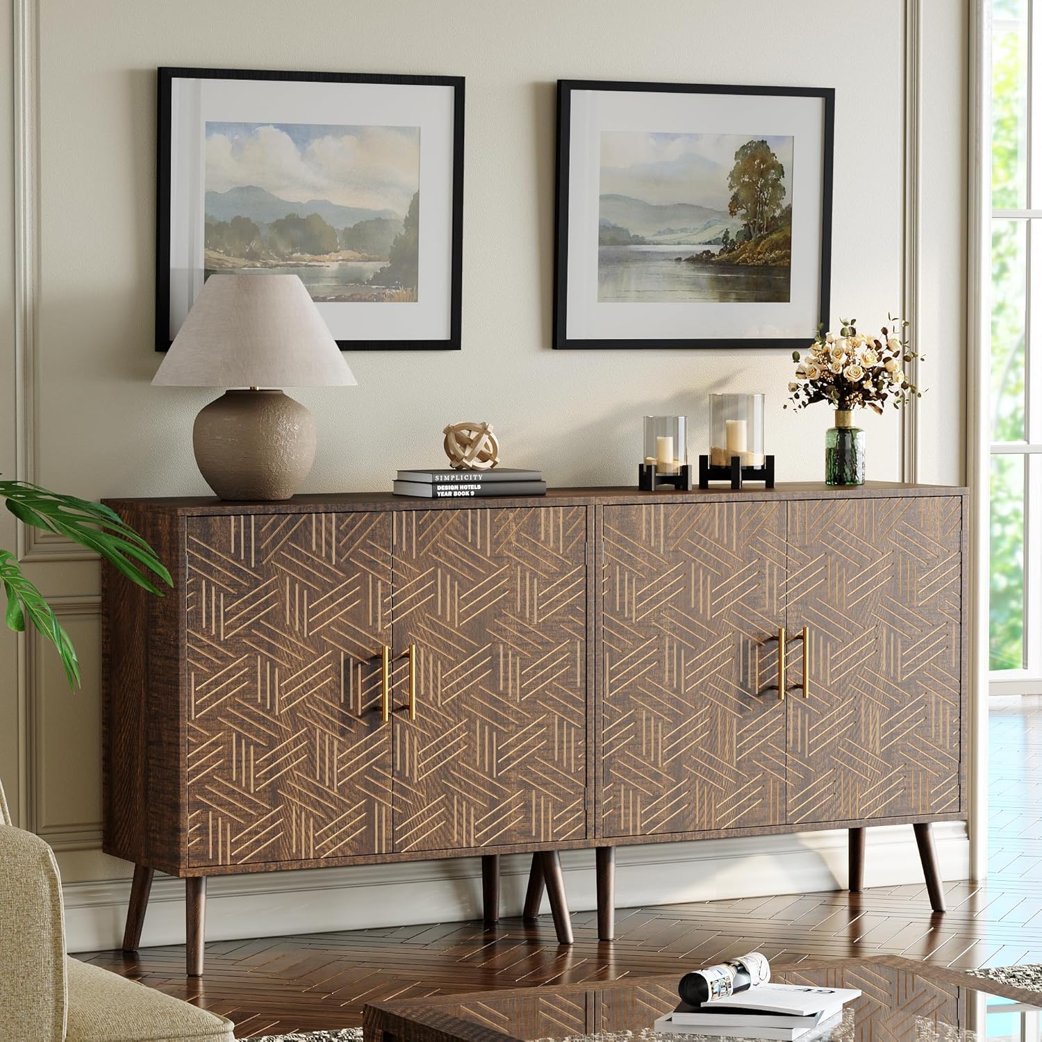 Sideboard Buffet Cabinet with Storage, Elegant Wood Accent Cabinet with Line Groove Design, Freestanding Storage Cabinet with Adjustable Shelves for Living Room, Kitchen, Entryway, Walnut