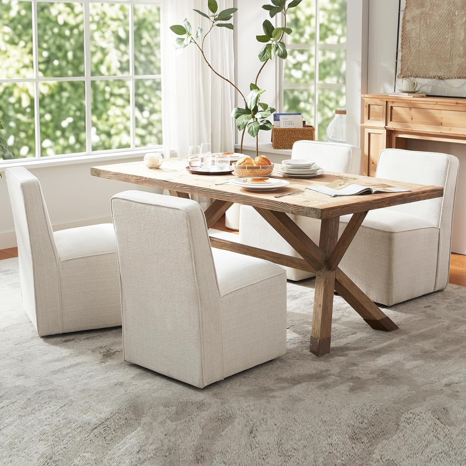 Upholstered Dining Chair with Casters Set of 4, Armless Modern Rolling Chenille Dining Chairs with Wheels for Dining Room Bedroom Reading Room Living Room