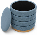 Ottoman Collection Stylish Linen Cylinder Storage Light Blue Round Footrest Vanity Stool Furniture Living Room Small Bench 16" L X16 W X 17" H