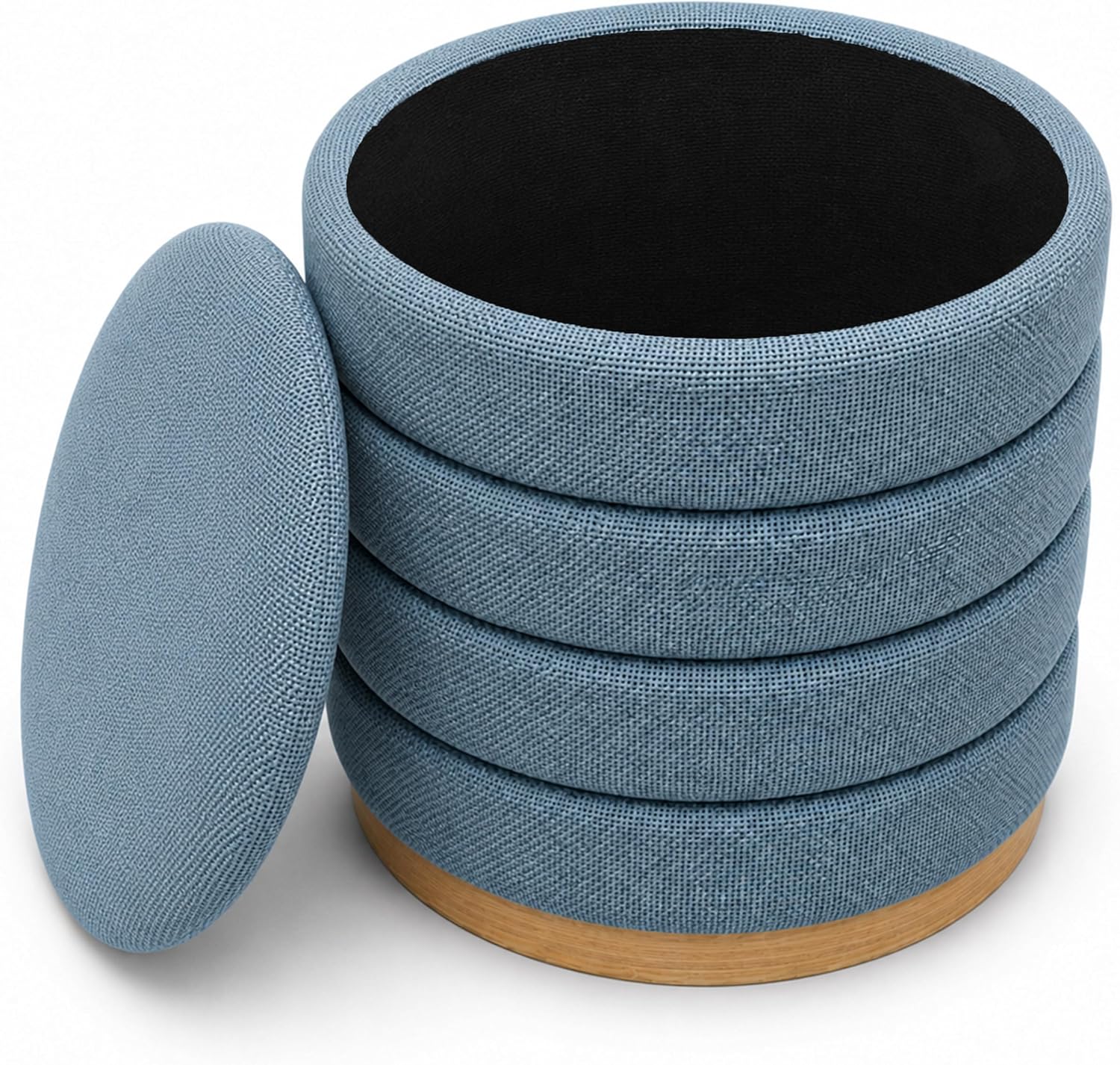 Ottoman Collection Stylish Linen Cylinder Storage Light Blue Round Footrest Vanity Stool Furniture Living Room Small Bench 16" L X16 W X 17" H
