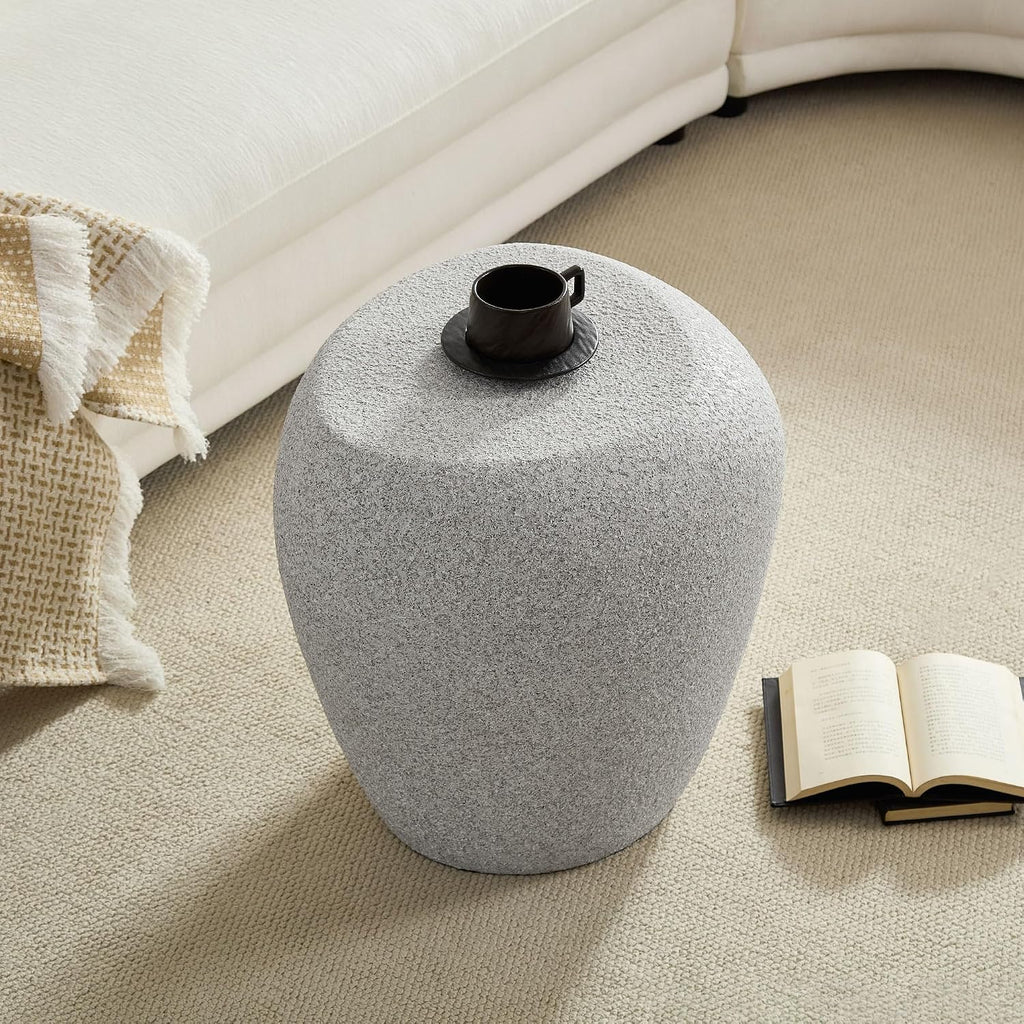 Irregular Fiberglass Side Table Drum Sofa Side Accent End Table for Apartment, Living Room, Bedroom, Reception Room, No Assembly Required (White)