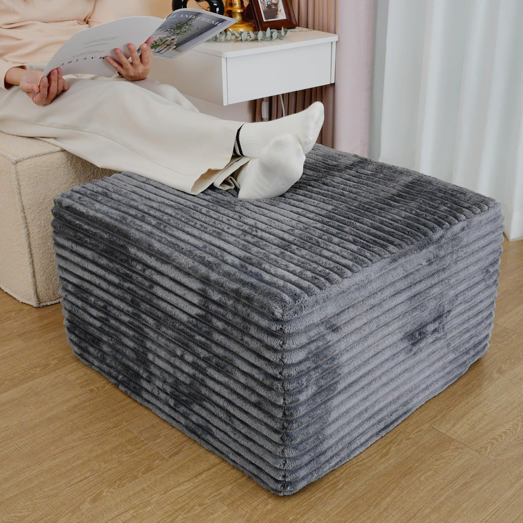 25.6" Corduroy Ottoman for Living Room,Plush Upholstered Ottoman for Couch,Memory Foam Compressed Sofa in A Box No Assembly Require,Dark Grey