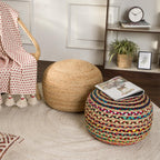 · REDEARTH · Braided Jute Cotton Pouf - Circular Boho Ottoman - Multi | Jute with Cotton Pouf, 19.5"x19.5"x14"; Braided Boho Pouffe, Doubles as Foot Rest for Living Room, Patio, Outdoor, Bedroom