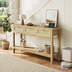 SUPERJARE Rattan Console Sofa Table with Outlets and USB-C Port, 3 Drawer Entryway Table with Synthetic Rattan Surface, Open Shelf, Behind Couch Entry Foyer Hallway Storage, Natural