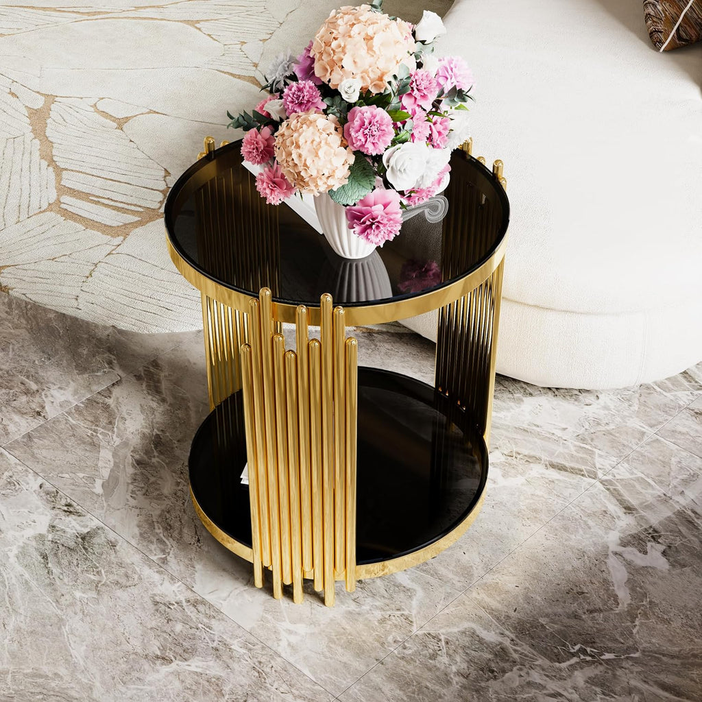 19.8" Round End Table with Gold Finish & Lower Shelf, Modern Black Mirror End Table with Asymmetrical Metal Frame for Living Room (Black,1)