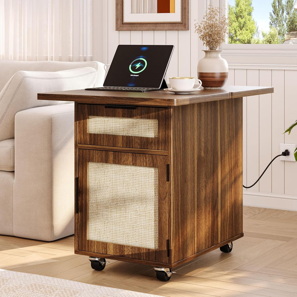 iPormis End Table with Charging Station, 15.7''-31.5'' Narrow Folding Side Table with Flip Top & Drawer, Wooden Sofa Couch Table with Storage Cabinet & Wheels, for Small Spaces Living Room, Walnut