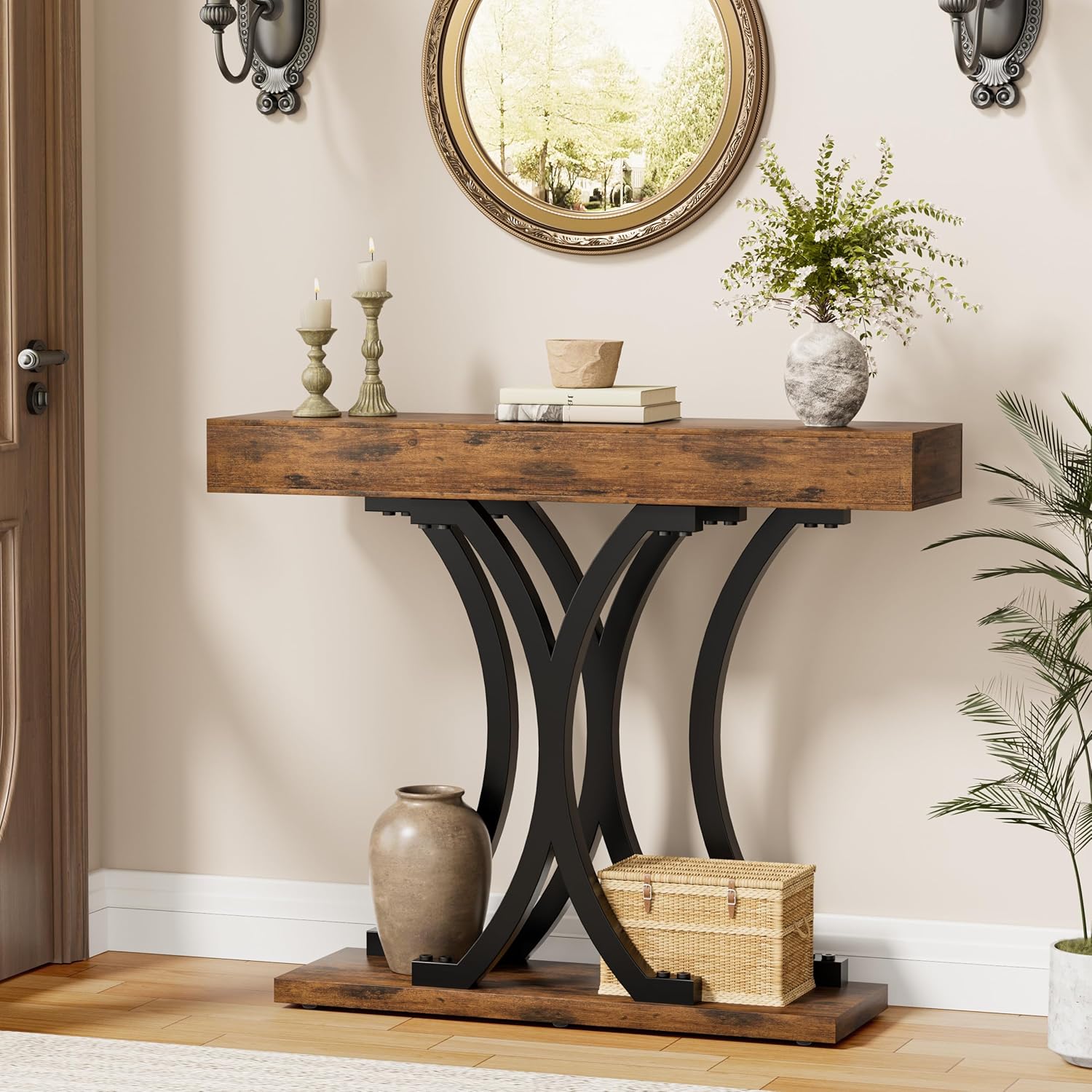 JUSTOGO 43.3" Console Table for Entryway, Industrial Sofa Table Entryway Table, Narrow Wood Accent Tables X-Shaped Metal Hallway Table for Living Room, Small Spaces, Entrance, Foyer, Rustic Brown