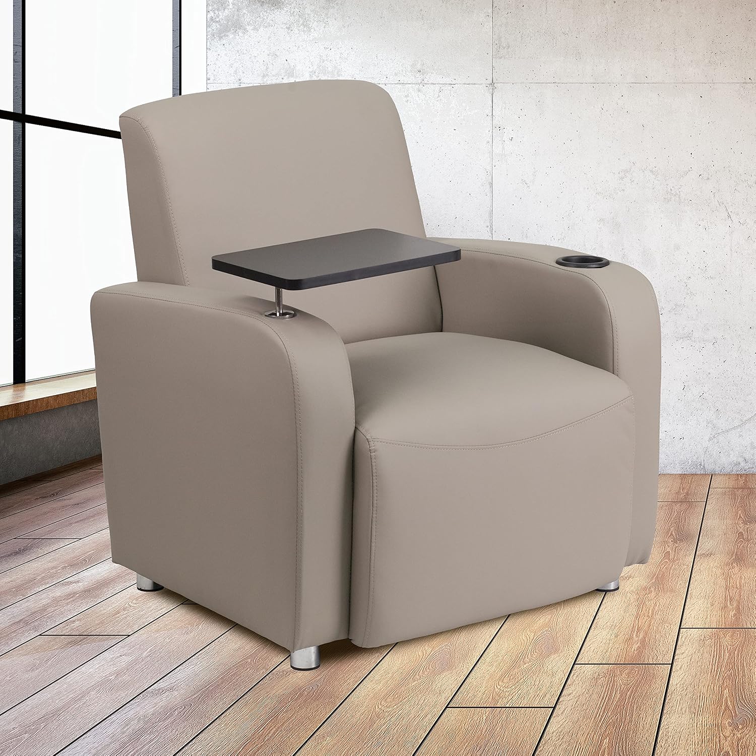 Flash Furniture George LeatherSoft Guest Chair with Tablet Arm and Cup Holder, Upholstered Tablet Arm Chair for Offices and Waiting Rooms, Gray