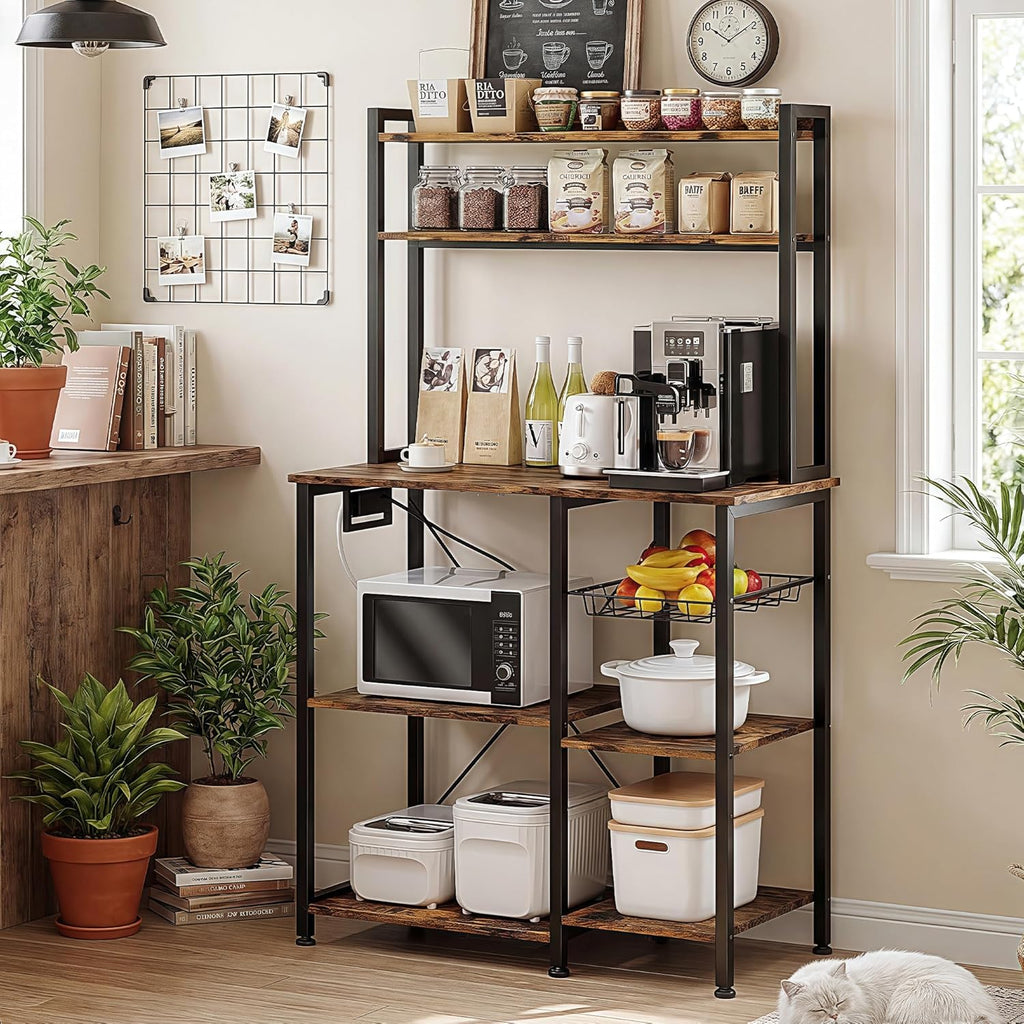 Einhomn Bakers Rack with Power Outlet, 35.4'' Coffee Bar with Wire Basket, Microwave Stand with Storage and Adjustable Feet, Versatile Kitchen Shelves for Pantry, Home Organization, Rustic Brown