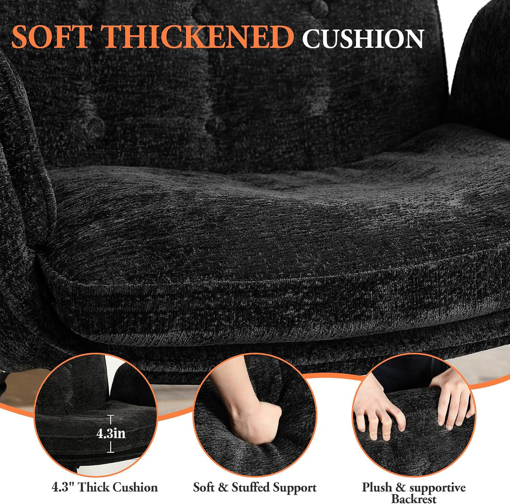 Criss Cross Chair with Footrest & 5 Level Folding Arms Full Relaxation, Wide Cross Legged Office Chair for Home Office, Comfy Swivel Desk Chair with Ottoman, Chenille Vanity Chair (Black)