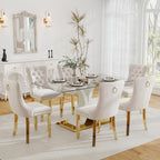 Modern Luxury Glass Dining Set for 6, 63'' Large Minimalist Rectangle Dinner Set for 6, 7 Pieces Clear Glass Top Kitchen Table Set with White & Gold Base, Beige Tufted Chairs, for Apartment
